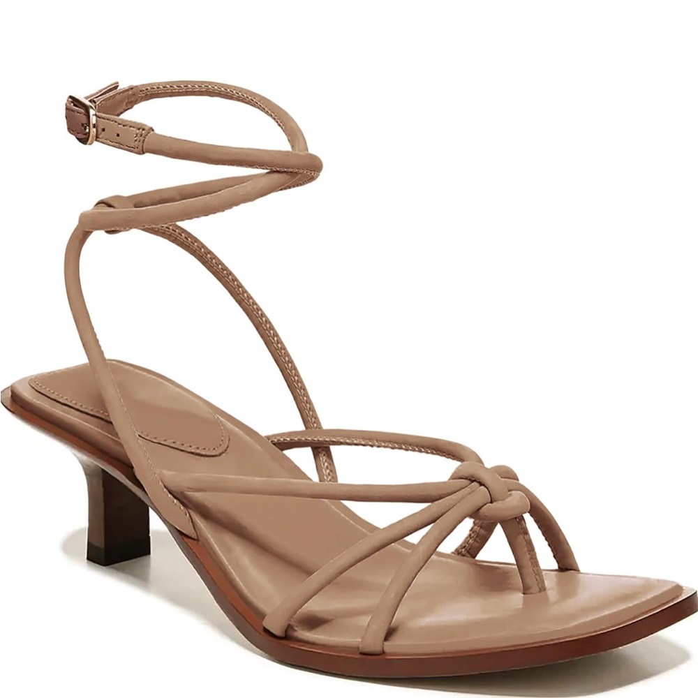 Strappy Ankle-Tie Mid Heel Sandal in Taupe